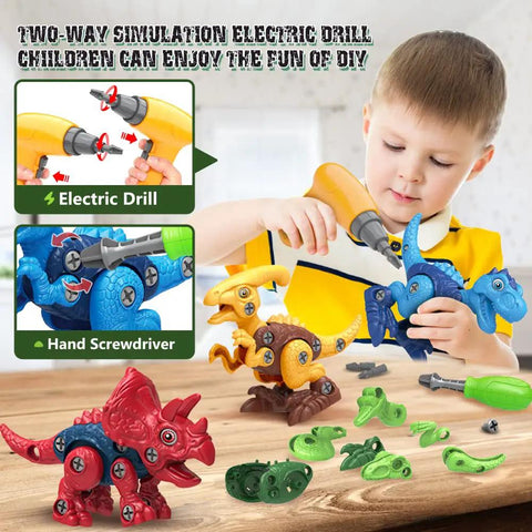 Child playing with Take Apart Dinosaur Building Kit With Electric Drill For Kids 4 Pack Dinos STEM Educational Construction Toys For Ages 3 4 5 6 7 Tyrannosaurus Rex Included Perfect Birthday Gift.