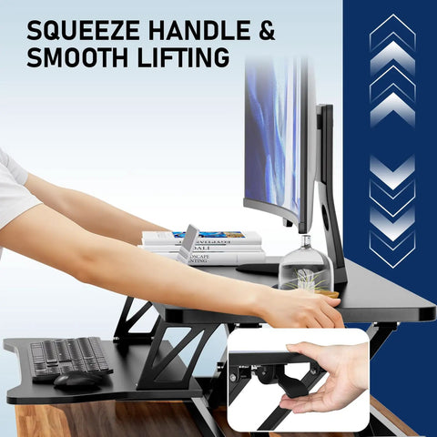 Side view of 32 Inch Standing Desk Converter With Dual Monitor Setup, showing squeeze handle for easy elevation, black