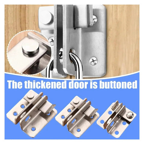 Built Like A Tank Stainless Steel Heavy Duty Door Latch And Security Gate Lock with mounting hardware on wood background.