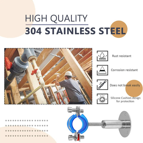 Beefy Stainless Steel Pipe Wall And Ceiling Mount Brackets Set, 2-Pack, shown with wood beams and installation features