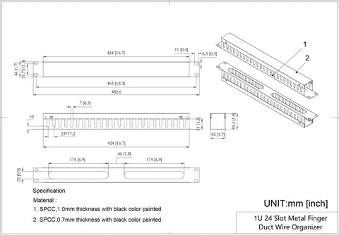 Technical diagram of 2 Pack 1U 19 Inch Cable Manager Horizontal Rack Mount With 24 Slot Metal Finger Duct Wire Organizer