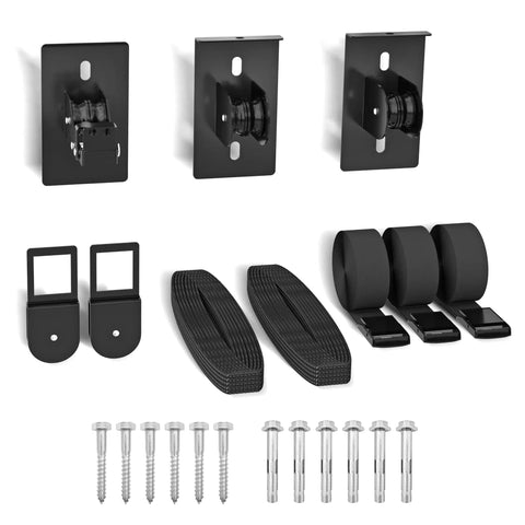 Upgrade Garage Ceiling Hoist System kit with black pulleys, straps, and mounting hardware for overhead storage, fits 10 to 18 ft ceilings.