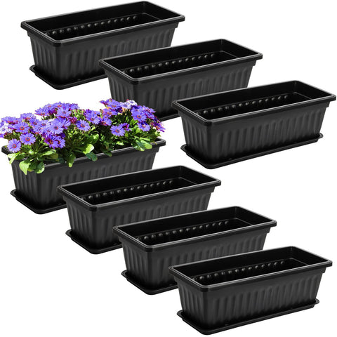 7 Pack 17 Inch Window Box Planters With Trays For Veggies And Flowers In Plastic Growing Containers Plant Pots With 7 Plant Labels For Balcony Patio Garden Black