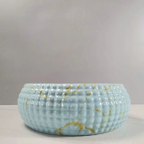USZWBY Vessel Sinks Bathroom Vessel Sink Ceramic Vessel Sink Round Art Basin in light blue with gold accents.