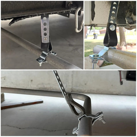 Heavy Duty Exhaust Hanger and Muffler Bracket for RV Generator Tailpipe Fits 1-1/4 Inch to 1-3/4 Inch Exhaust Pipe Tough As Nails Silver Coated Steel Easy Install showing installation on tailpipe.