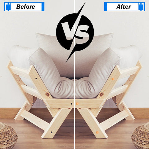 Chair with visible holes before and after using 150 Piece Wood Plugs Assortment Kit With Four Sizes 3/16 Inch 5/16 Inch 3/8 Inch And 1/2 Inch For Holes In Furniture Tables Chairs Cabinets And Outdoor Equipment Made From Premium Schima Wood.