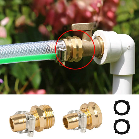 Durable Garden Hose Repair Kit With Aluminum Connectors and stainless steel clamps on hose demonstrating connection.