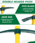 Double headed picks showing pick blade and adze hoe from Six Piece 15 Inch Heavy Duty Forged Garden Pick Mattock Hoe Set With 1.5 Lb Heads And Rubber Non Slip Handles For Weeding, Cultivating, Camping, Prospecting.