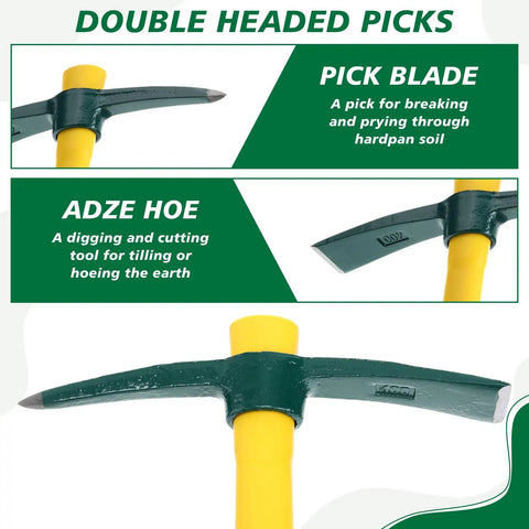 Double headed picks showing pick blade and adze hoe from Six Piece 15 Inch Heavy Duty Forged Garden Pick Mattock Hoe Set With 1.5 Lb Heads And Rubber Non Slip Handles For Weeding, Cultivating, Camping, Prospecting.