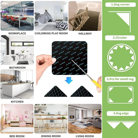 16 Piece No Slip Rug Pad Grippers For Hardwood Floors And Tile Reusable And Washable Double Sided Carpet Tape Keeps Corners Flat Detachable And Reusable Adhesive Pads For Area Rugs layout and use guide