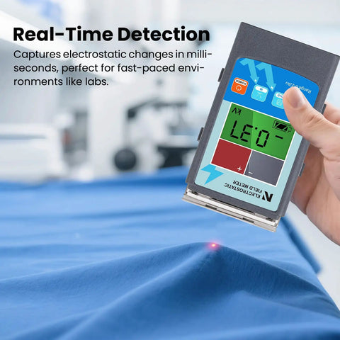 Genuine Static Meter And Electrostatic Fieldmeter For Quick ESD Touch Ups Measuring Zero To Plus Or Minus Twenty Kilovolts With Tight Accuracy and Ion Balance Checks For Garage Pros in hand with LCD display.