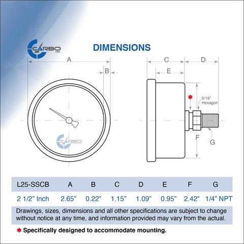 CARBO 2-1/2 in liquid-filled pressure gauge, stainless steel case, 1/4 in NPT back mount; front and side views