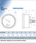 Technical drawing of Glycerin Liquid Filled Pressure Gauge 1500 PSI Dual Scale PSI Bar 2.5 Inch Dial Back Mount Quarter Inch NPT