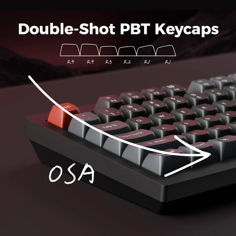 Premium 96 Percent Wireless Mechanical Keyboard With Kickass 8000Hz Polling Rate Hot Swappable Red Switches Dope Rgb Lighting Crisp Pbt Keycaps, close-up of double-shot PBT keycaps.