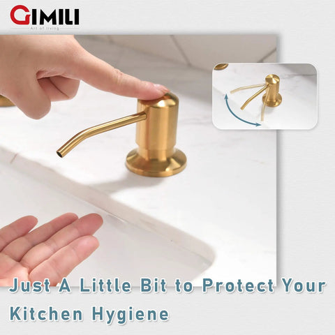 Brushed Gold Kitchen Faucet With Soap Dispenser, close-up of soap dispensing feature, single-hand operation, stainless steel finish