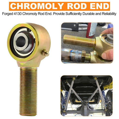 7/8-14 Right Hand 4130 Chromoly Rod Ends with 9/16 Bore for Steering Tie Rods. Close-up of heavy-duty ball joint design.