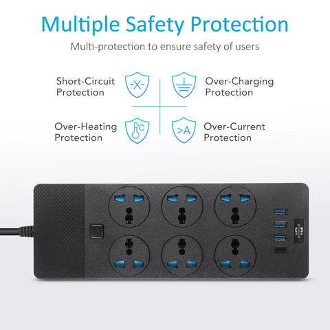 High Power 3000W USB Power Strip With Four USB Ports Including One USB C 6Ft Heavy Duty Extension Cord 110 240V Worldwide Outlets