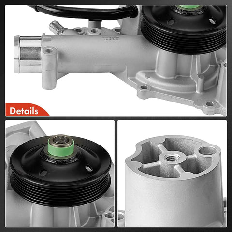 Engine Water Pump With Gasket For 5.7L V8 Hemi OHV Direct-Fit For Ram, Dodge, Chrysler; close-up details of metal housing and pulley
