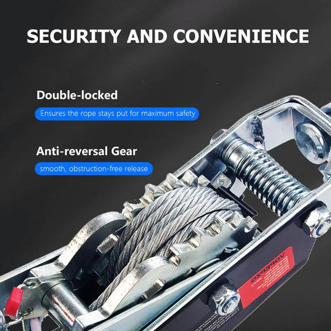 5 Ton Capacity Come Along Winch Portable Power Puller Beast With 11 Feet 6 Inches Steel Cable Dual Gear Heavy Duty Hand Winch Tool Three Hooks For Vehicle Recovery Trailers Fences Logs And More, close-up of steel cable and gear