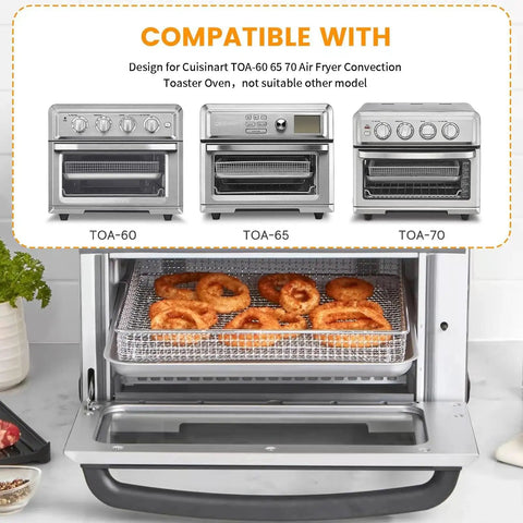 Heavy Duty No Fuss Stainless Steel Air Fryer Rack For TOA 60 65 70 Convection Toaster Ovens displaying tray with onion rings