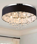 Flush Mount Ceiling Light Fixture 19.5 Inches Black Crystal Chandelier With Fabric Shade Drum, K9 Crystals, Modern Design