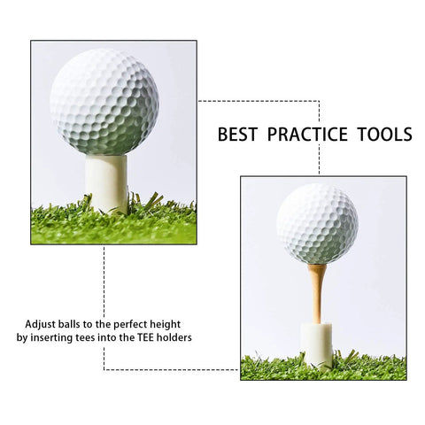 10 Pack Rubber Tee Holders And Bamboo Tees For Golf Practice Indoor Outdoor Driving Range Mat Setup 1.5 Inch Tee Size shown with golf balls