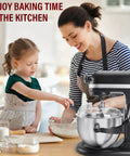 Mother and child baking with mixer and Full Wrap-Around Pouring Shield For Stand Mixers 6-7 Qt, Stainless Steel Splatter Guard