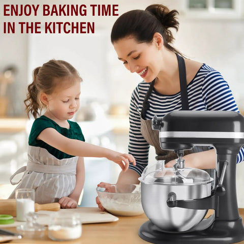 Mother and child baking with mixer and Full Wrap-Around Pouring Shield For Stand Mixers 6-7 Qt, Stainless Steel Splatter Guard