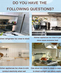 Kitchen heat hazards infographic showing appliances close to stoves, pipes, and sinks, leading to safety and heat concerns.
