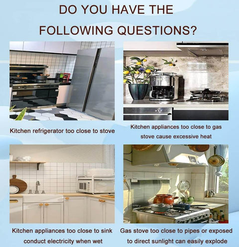 Kitchen heat hazards infographic showing appliances close to stoves, pipes, and sinks, leading to safety and heat concerns.