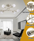 Living room with Dope Modern Sputnik Chandelier Ceiling Light Fixture With Six Lights, industrial nickel finish, and E26 bulb base.