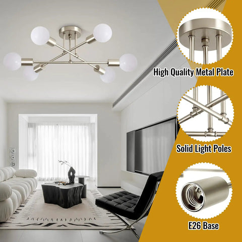 Living room with Dope Modern Sputnik Chandelier Ceiling Light Fixture With Six Lights, industrial nickel finish, and E26 bulb base.