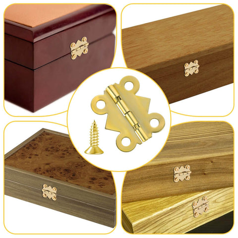 Stainless Steel Tiny Box Hinges 15 Piece Set With 60 Screws Vintage Gold Folding Cabinet Hinges on various wooden boxes