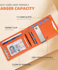 Slim Leather Money Clip Wallet For Men With RFID Blocking Front Pocket Bifold Card Holder Gift Box Included EDC Ready Ultra Thin Real Leather Slim Wallet Durable Card Organizer open showing card slots and ID window.