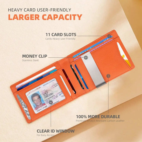Slim Leather Money Clip Wallet For Men With RFID Blocking Front Pocket Bifold Card Holder Gift Box Included EDC Ready Ultra Thin Real Leather Slim Wallet Durable Card Organizer open showing card slots and ID window.