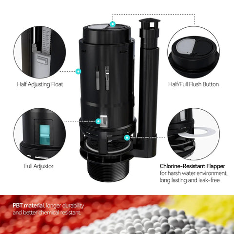 3 Inch Dual Flush Valve With Top Push Button Inside Tank Toilet Repair Kit For 2 Piece Toilets No More Leaks Quick Fix Running Water And Ghost Flush Model A2422M, showing adjustable float, button, and adjustor details.