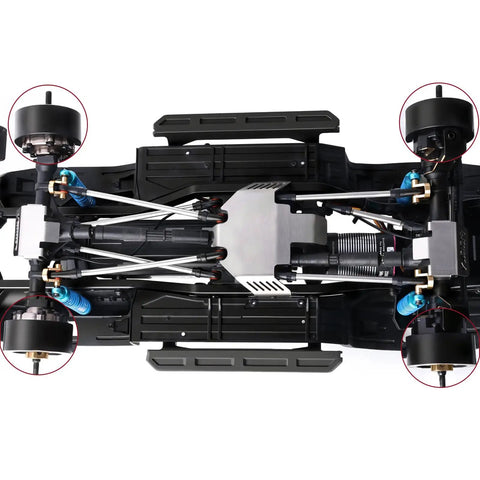 Bottom view of Traxxas TRX-4 with Beefy Heavy Duty Brass Portal Weight Hangers, showing steering knuckle caps and drive housings.
