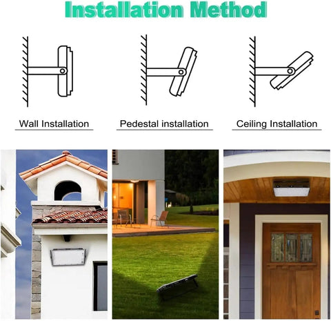 Installation methods for Security Lights Outdoor Flood Light Led Spotlights Outdoor Lighting Le on wall, pedestal, and ceiling.