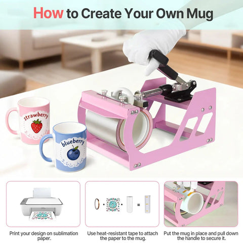 5 In 1 Swing Away Heat Press Machine 12 X 15 Inch Digital T Shirt Press Combo Sublimation Printer For Mugs Hats Plates And Caps Multifunctional Heat Transfer Tool With Thick Pads showing mug press in use with pink frame.