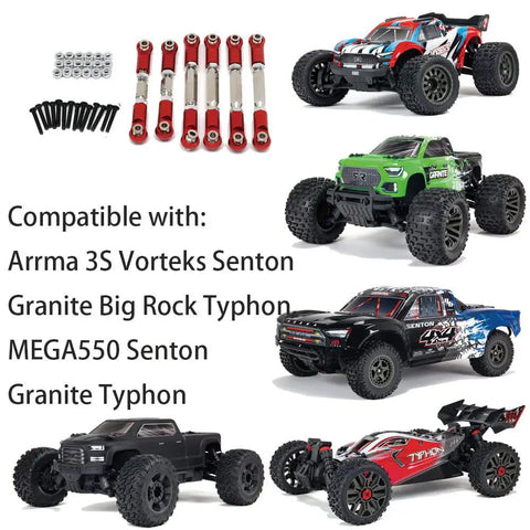 Arrma 3S Camber And Steering Link Upgrade Kit, 6 Pieces Adjustable Turnbuckles For Vorteks Senton Granite Big Rock Typhon shown with compatible RC cars.