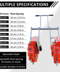 Adjustable Dual Row Hand Push Seeder for Garden Dope Multi Crop Planter Tool with plant spacing and mouth options chart shown