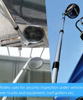 Telescoping Under Vehicle Inspection Mirror With Light For Easy Security Checks At Airports Border Crossings Sheriff Or Military Bases Go To Universal Fit For Cars And Trucks Durable Extendable Handle For Tight Spaces And Fast Inspections shown in various uses under vehicles and roof inspection.