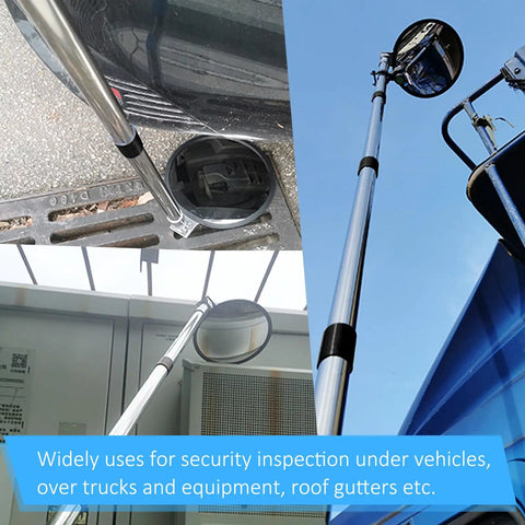 Telescoping Under Vehicle Inspection Mirror With Light For Easy Security Checks At Airports Border Crossings Sheriff Or Military Bases Go To Universal Fit For Cars And Trucks Durable Extendable Handle For Tight Spaces And Fast Inspections shown in various uses under vehicles and roof inspection.