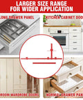 Visual guide on using the Time Saving Cabinet Hardware Jig Kit With Dual 32 Inch And 16 Inch Sizes for various cabinet installations