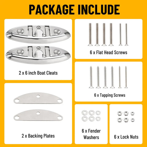 Package contents for Six Inch Boat Folding Cleats Set 316 Stainless Steel Dock Cleats With Backing Plates And Screws Flip Up