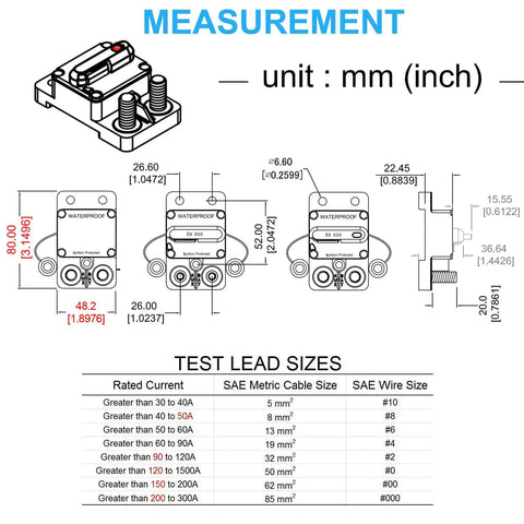 Dimensions and sizes of Heavy Duty 150 Amp Circuit Breaker With Manual Reset For 12V To 48V DC Systems Marine ATV Trailer.