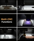 Genmitsu Cubiko CNC router with enclosure; collage shows spindle milling on metal plate and leather engraving.