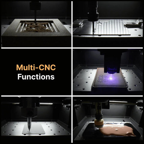 Genmitsu Cubiko CNC router with enclosure; collage shows spindle milling on metal plate and leather engraving.