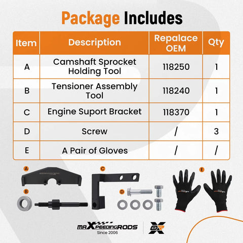 Package contents of Mini Cooper Camshaft Locking Tool And Timing Chain Tool Set For 1.6L Gas Engines W10 W11 R50 R52 R53 DIY Kit