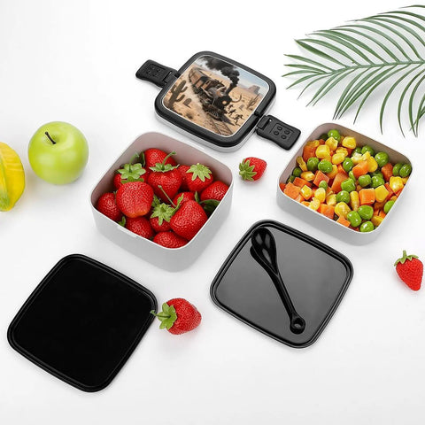 Desert Steam Train Themed Bento Box With Compartments Leakproof Double Layer Lunch Container with food and spoon displayed